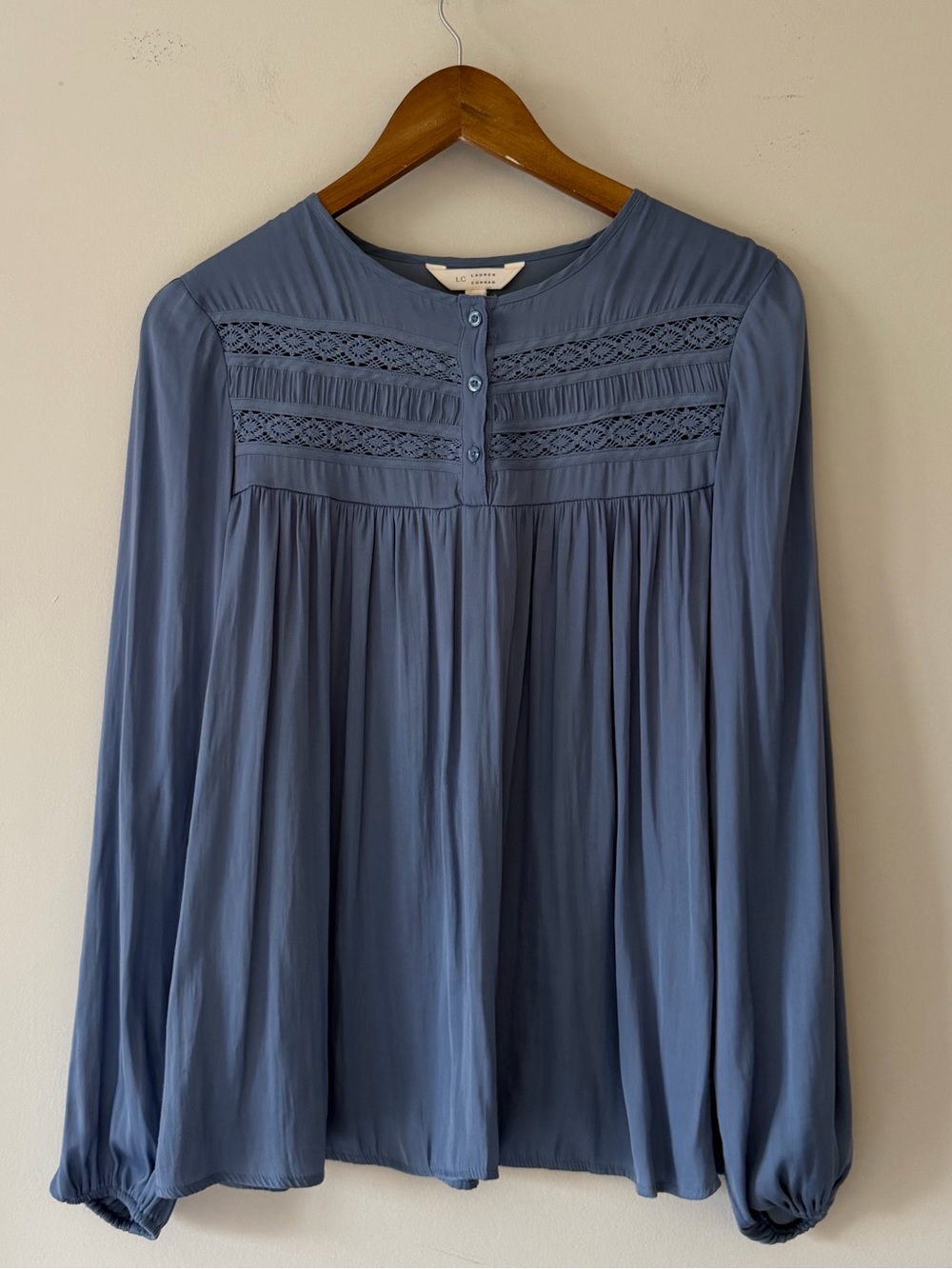 LC Lauren Conrad Dusty Blue Lace Yoke Button-Front Blouse Size Small